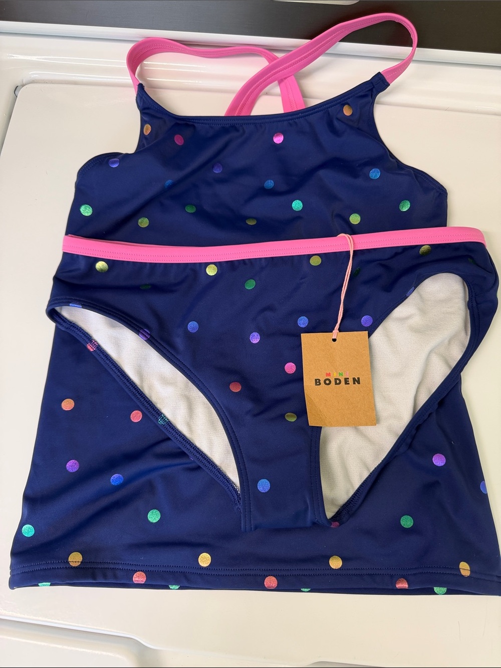 Boden Navy Tankini with Multicolor Metallic Dots and Pink Trim